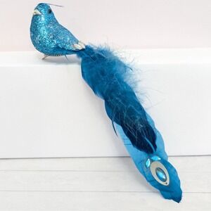 Vintage Peacock Clip-on Ornament Glitter Jewel Feathers Embellished 9" Long